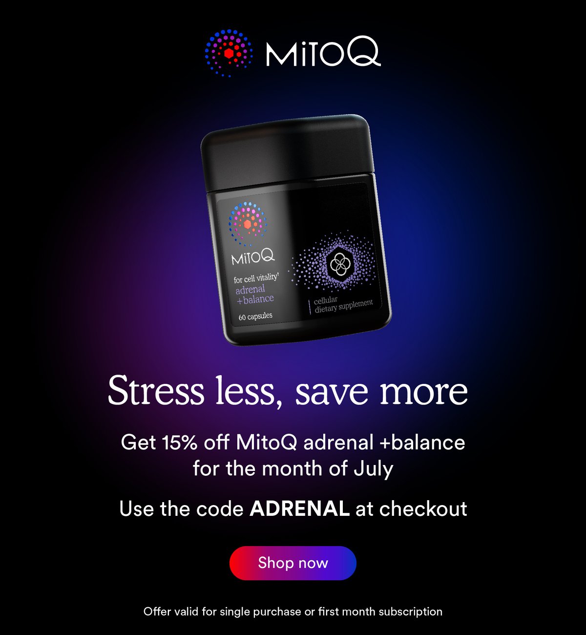 MitoQ Adrenal 15 Percent Off_HEADER